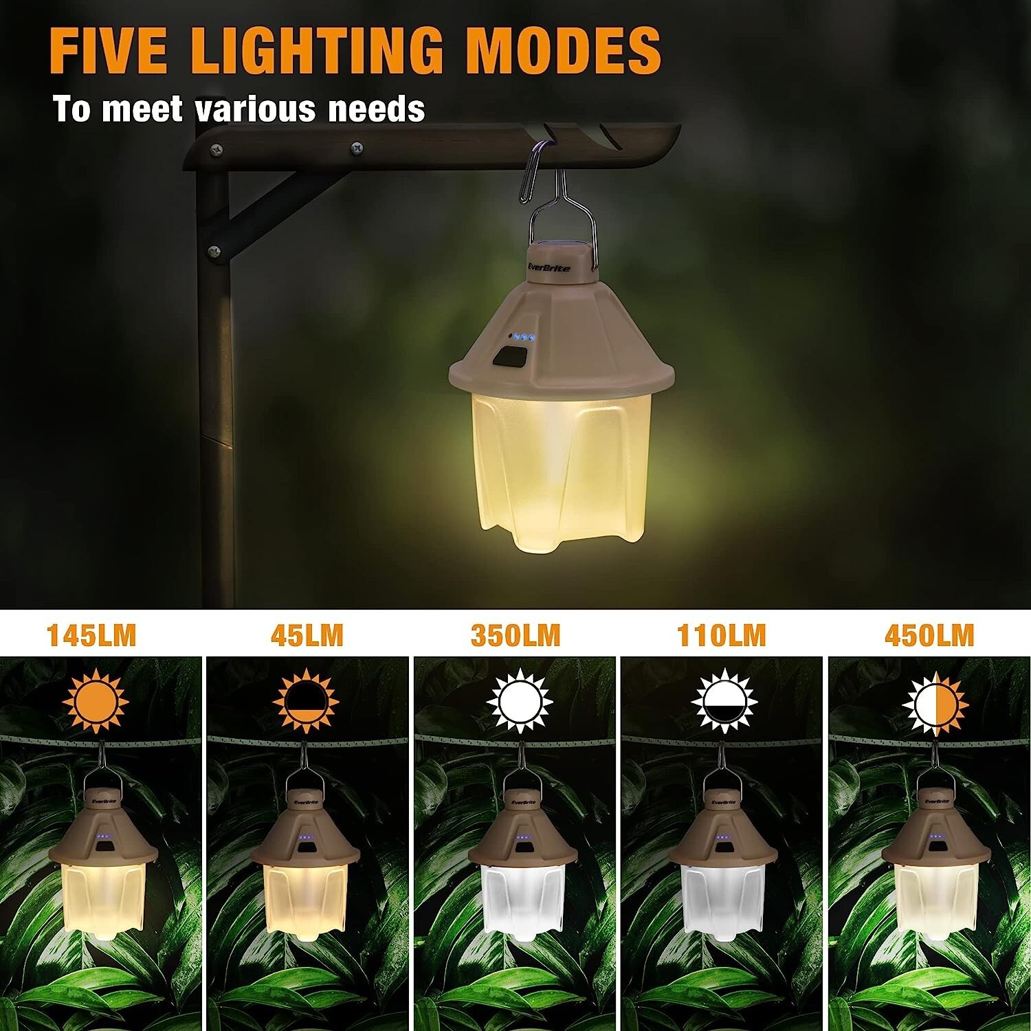 EverBrite 2 PACK 450LM Camping Lantern 5 Lighting Modes USB C Rechargeable