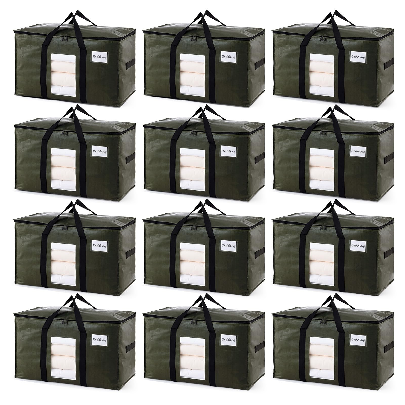 12 Pack Green Extra Large Storage Bags, Heavy Duty Totes with Visible Window,...