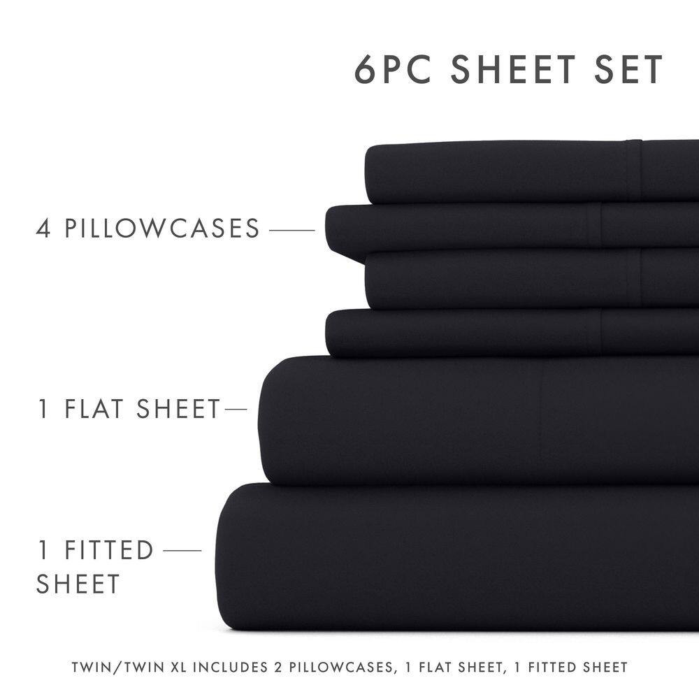 6-Piece Black Solid Microfiber Twin Sheet Set