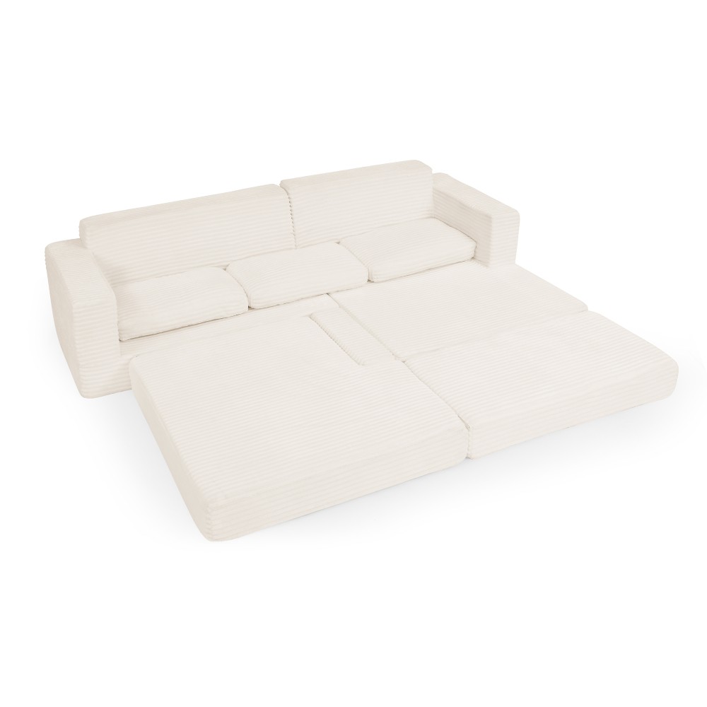 Modular Sectional Sofa w/ Queen Bed, L-Shape, Corduroy Fabric, Beige