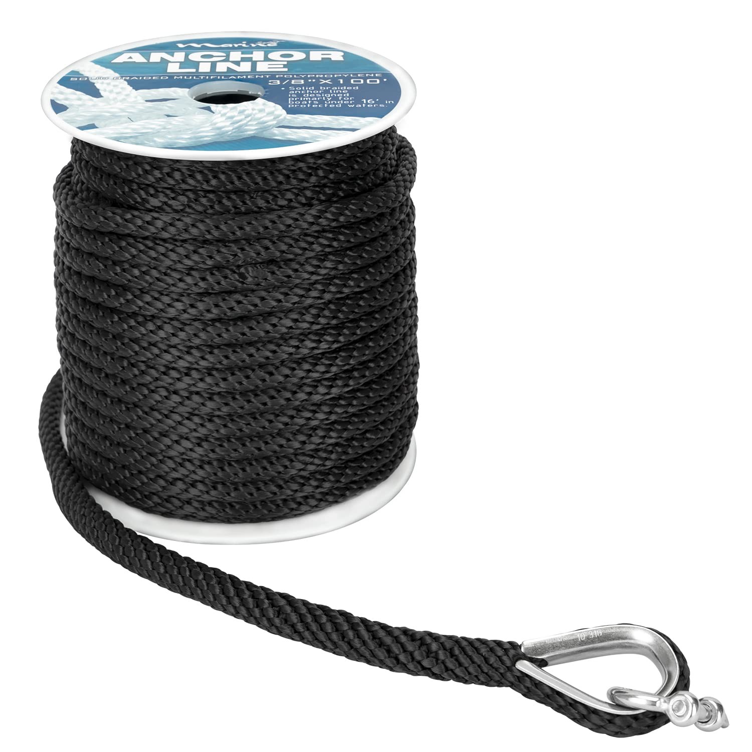 3/8" Premium Braided Anchor Rope 50FT with Thimble & Shackle - Black