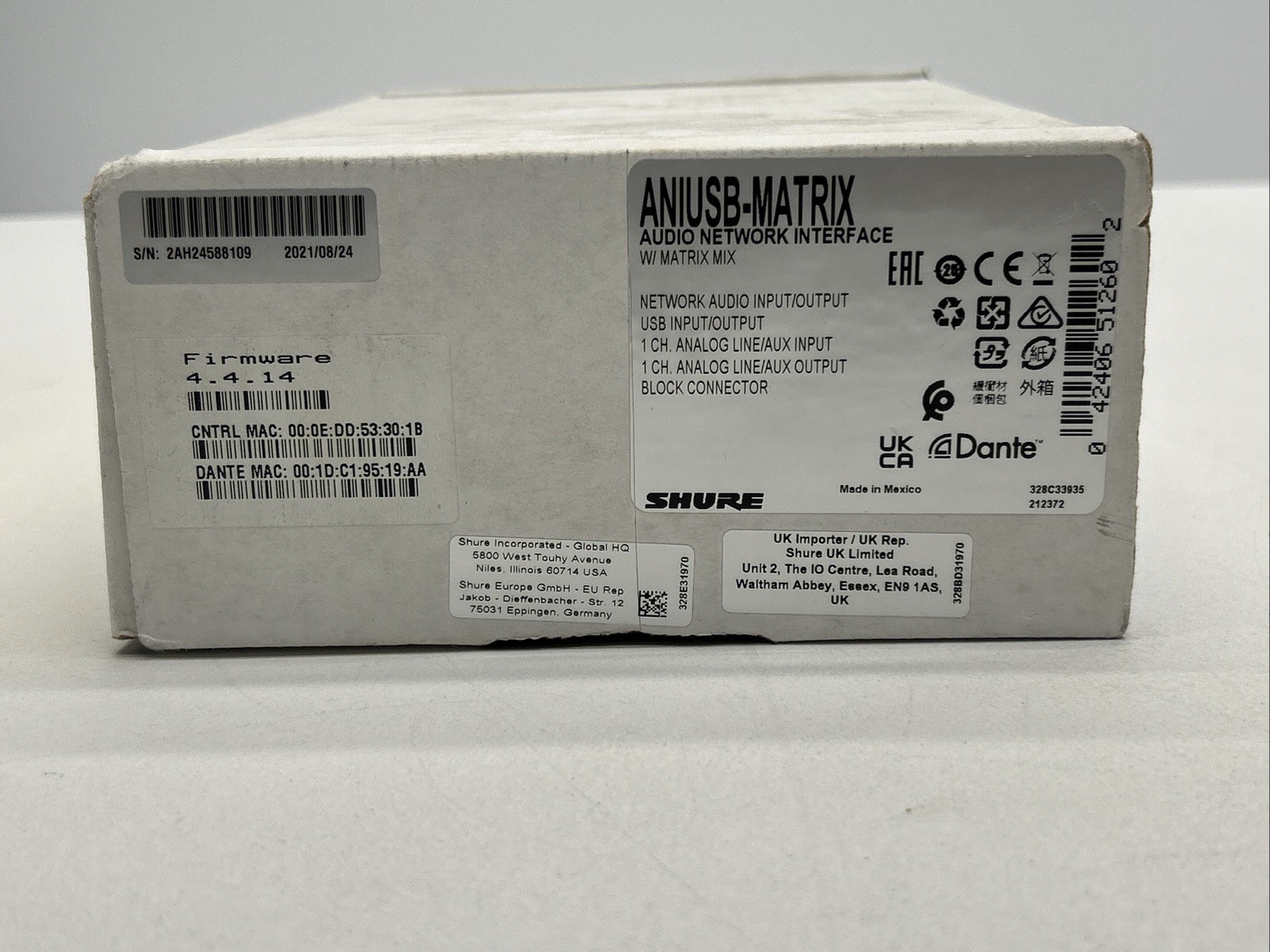 Shure ANIUSB-MATRIX Dante USB Audio Network Interface 4x2 Matrix PoE – OPEN BOX,