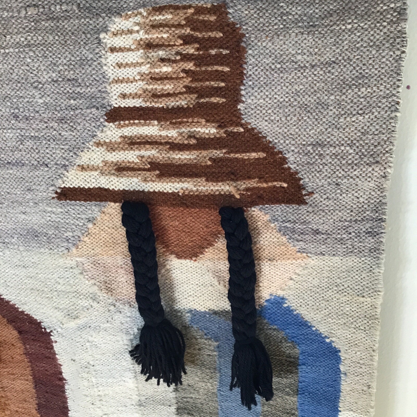 Vintage Woven Wool Tapestry Wall Hanging Peruvian Hats Braids Abstract