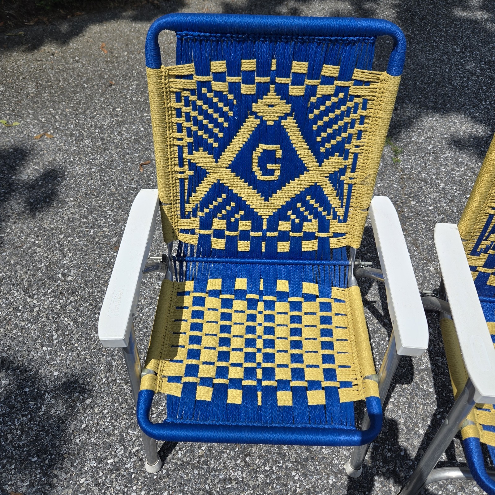 Masonic Folding Chairs Pair Macrame Blue Gold Aluminum Frame Vintage Lawn Patio