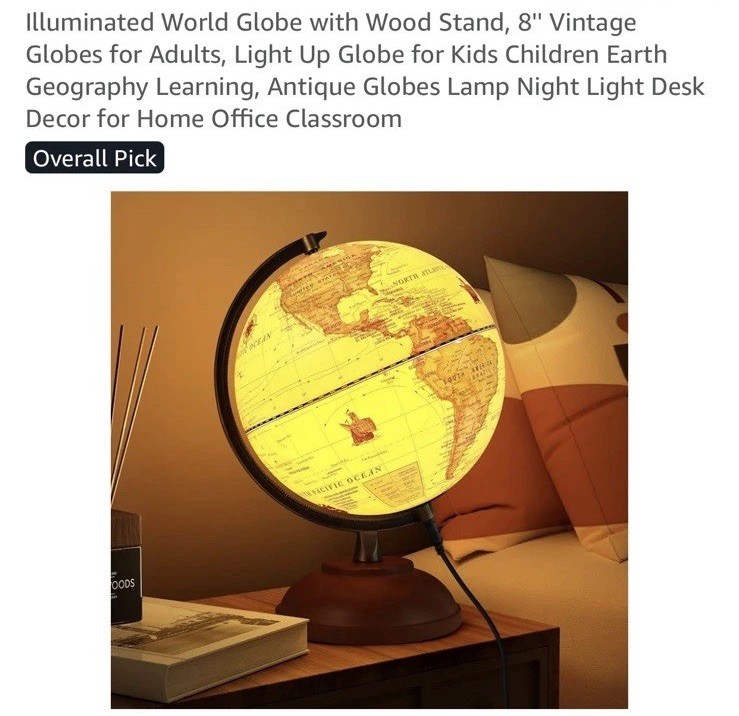 Illuminated World Globe with Wood Stand, 8'' Vintage Globes for Adults, Light...