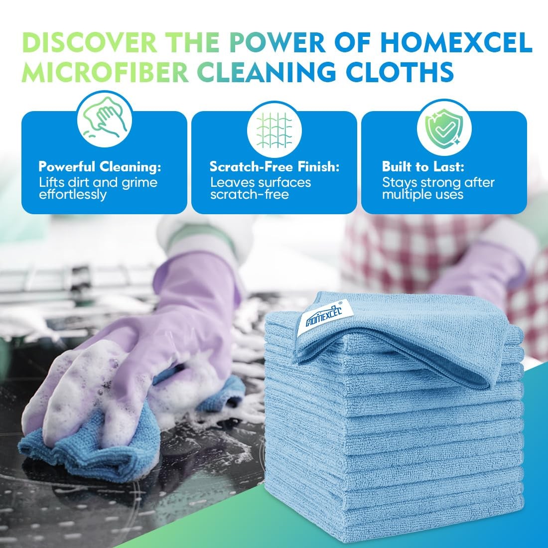 HOMEXCEL Blue Microfiber Cleaning Cloth 12 Pack, 12.5 x Inch,