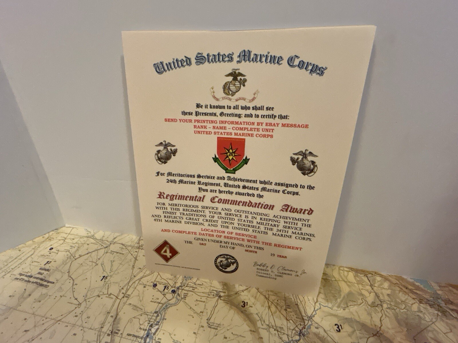 U.S.M.C. / 24TH MARINE REGIMENT - REGIMENTAL COMMENDATION AWARD CERTIFICATE
