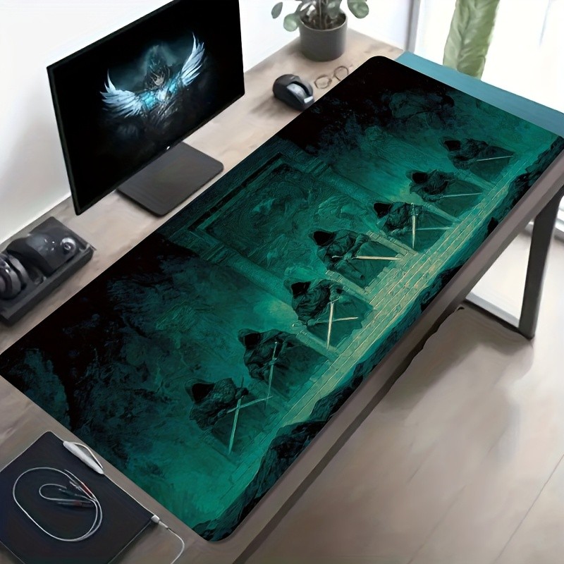 A Large Gaming Mouse Pad Featuring a Fantasy Epic Scene of Masked Knights in An