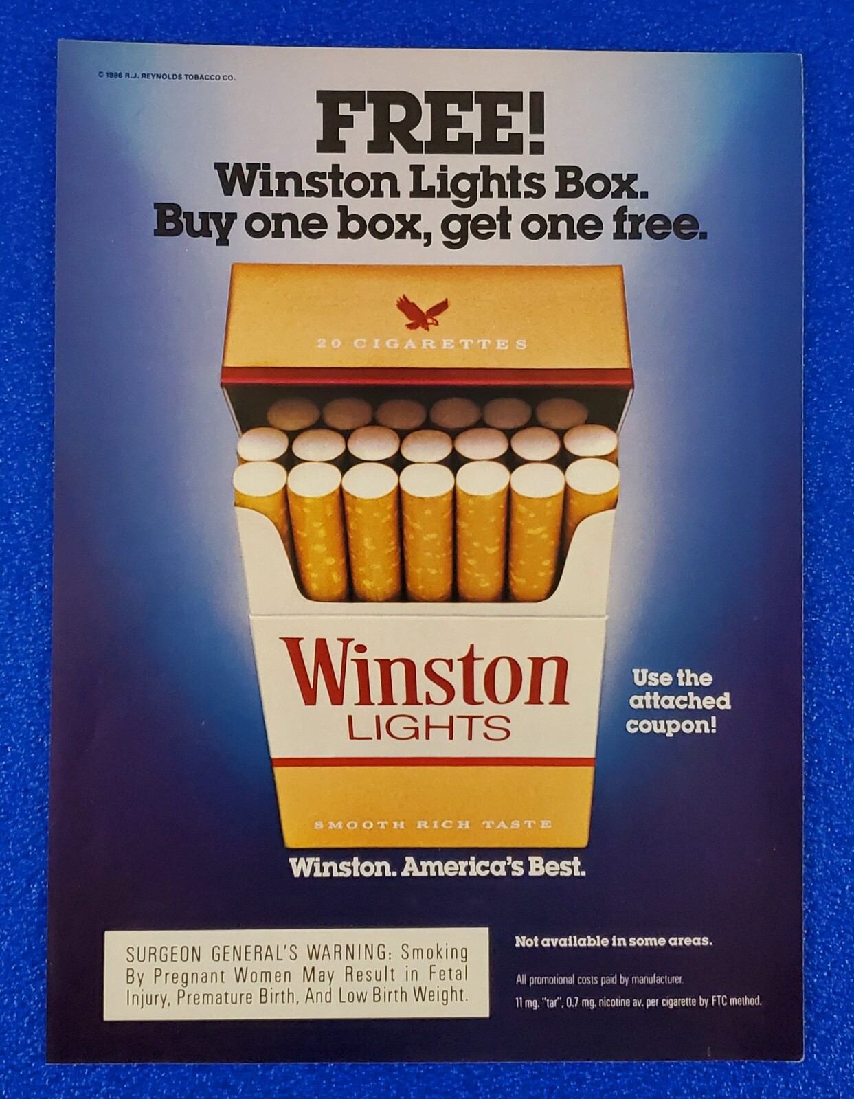 1986 WINSTON LIGHTS CIGARETTE ORIGINAL COLOR PRINT AD "WINSTON. AMERICA'S BEST"