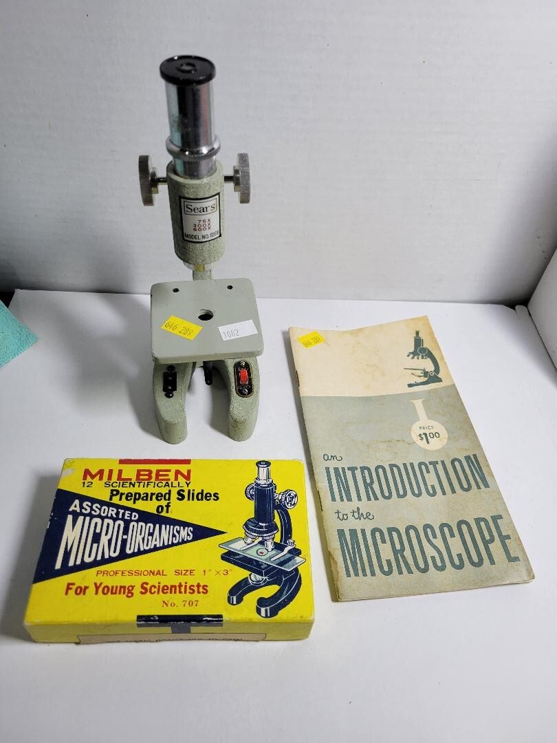Vintage Sears Microscope #6366 & Milben Prepared Slides Micro-Organisms