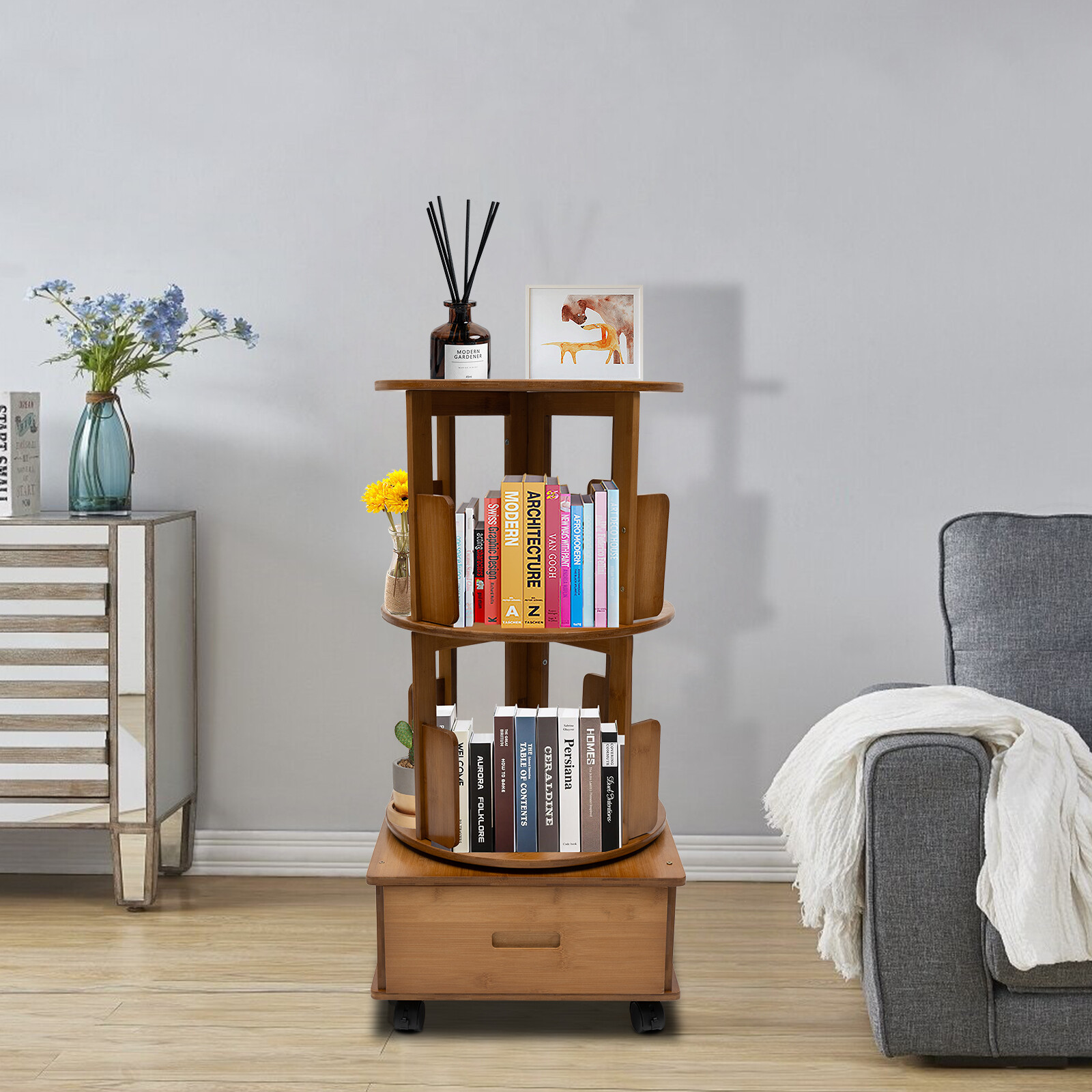 Multi Storage Table, Side Table with Rolling Wheels, Removable Swivel Bookcase