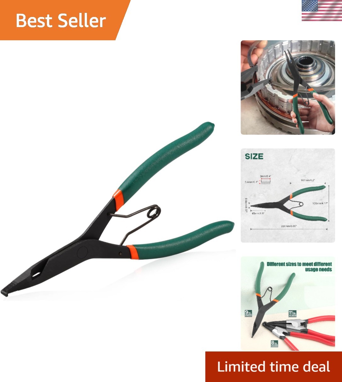 Specialized 9-Inch Lock Ring Pliers with Anti-Slip Handle and Lightweight Design