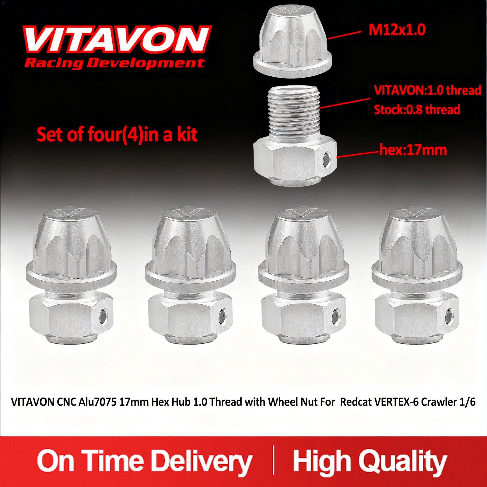 VITAVON CNC Alu7075 17mm Hex Adapter M12x1.0 For Redcat VERTEX-6 1/6