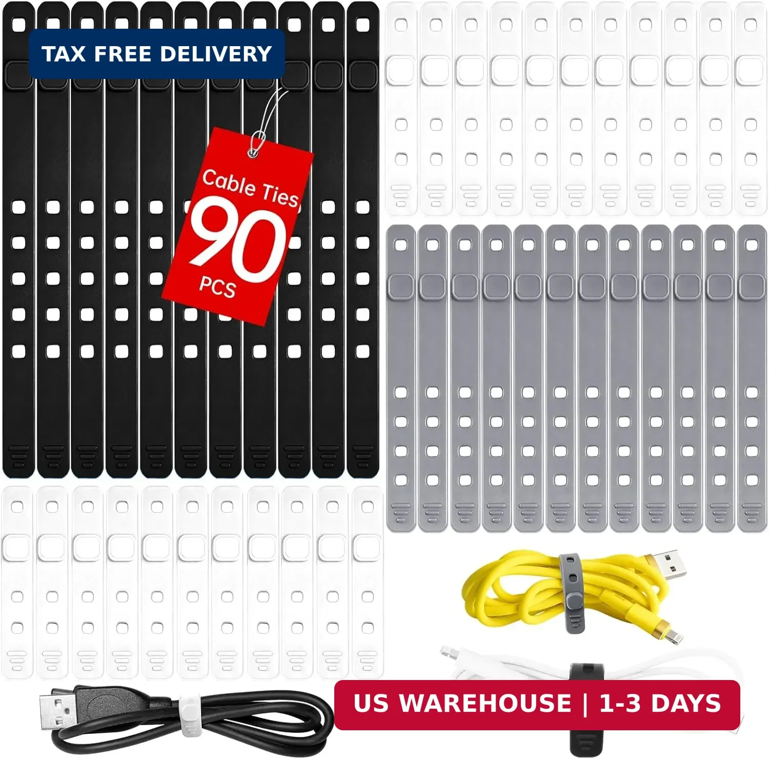AROIC 90Pcs Silicone Cable Ties with 3 Sizes,Reusable and Washable with Adjustab