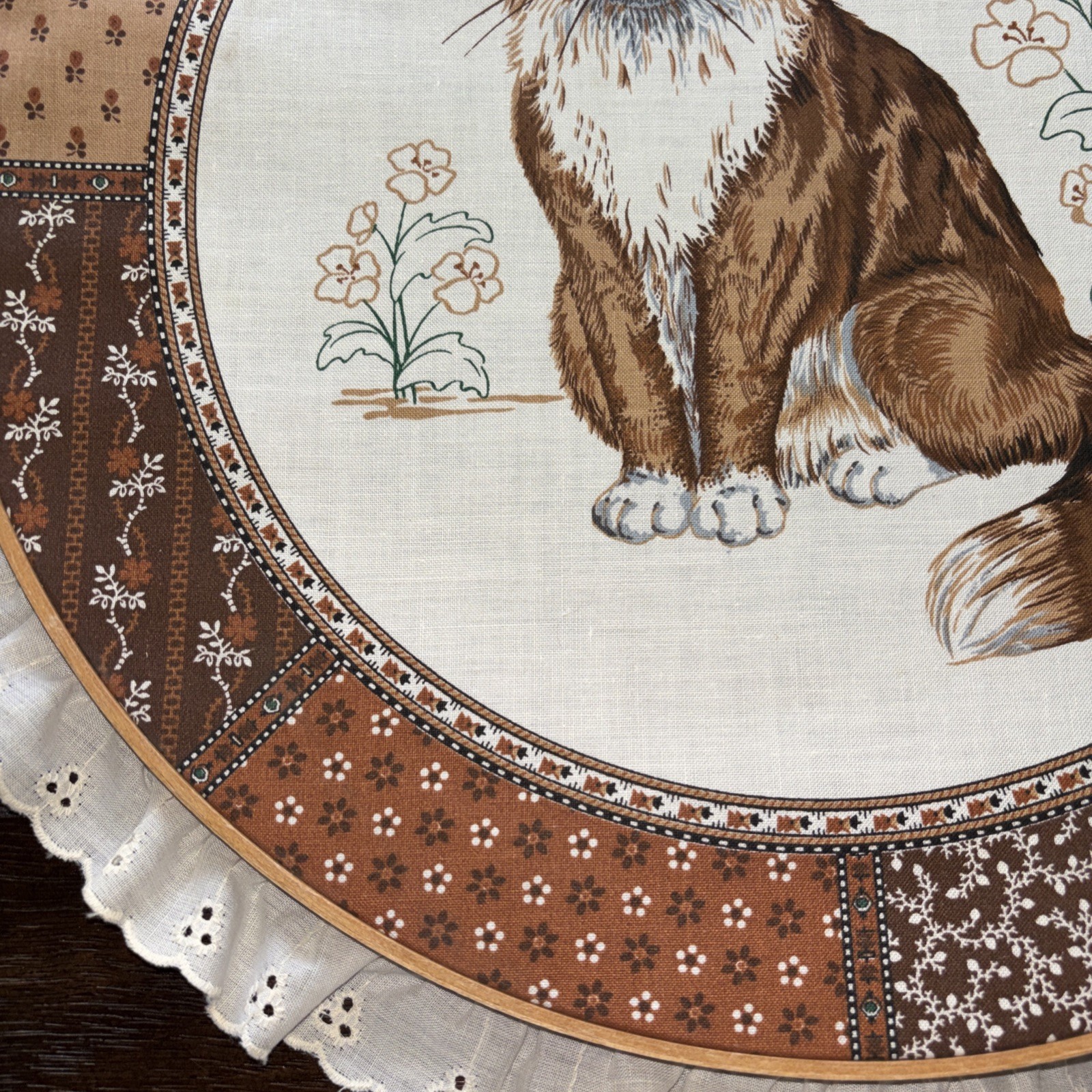 Vintage Large Embroidery Hoop Cranston Cat Print With Lace Trim. . 14.5 inches.