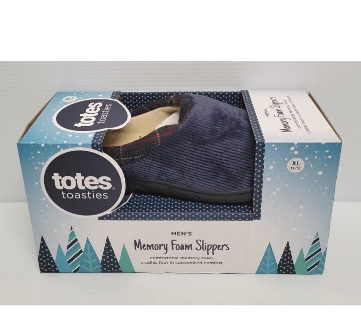 New Men Totes Toasties Blue Memory Foam Corduroy Hoodback Slippers Size XL 11-12