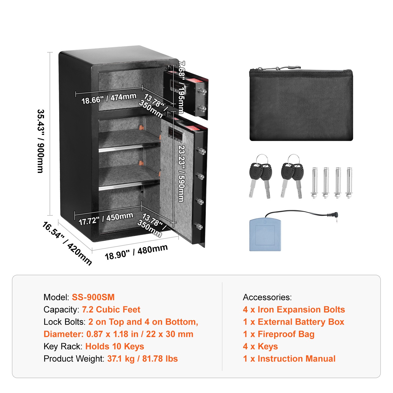 Double Door 7.2 cu.ft Safe Box with Key Lock Password Cabinet Black