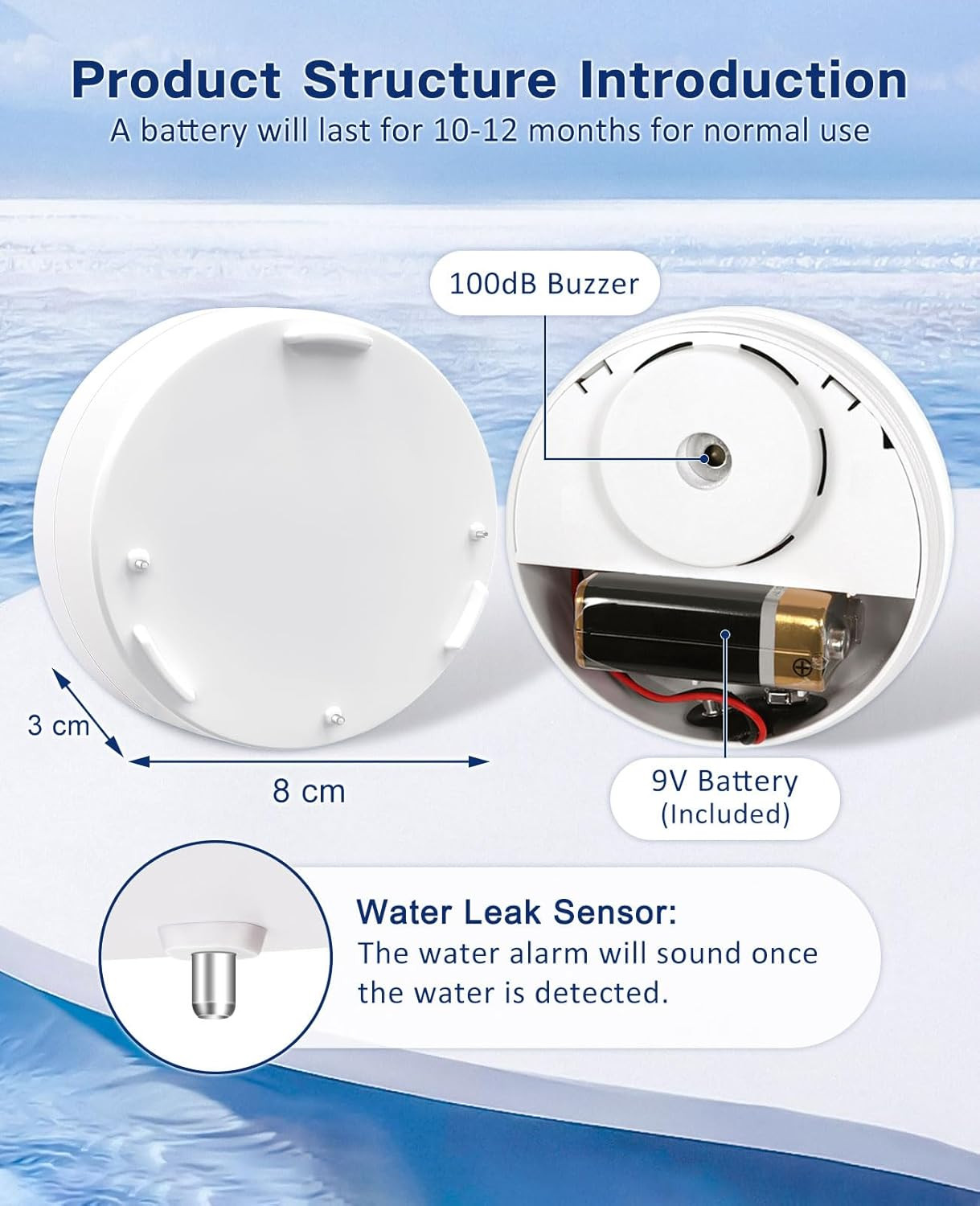 2 Pack Water Leak Detectors, 100Db Water Sensor Alarms Flood Detector for Baseme