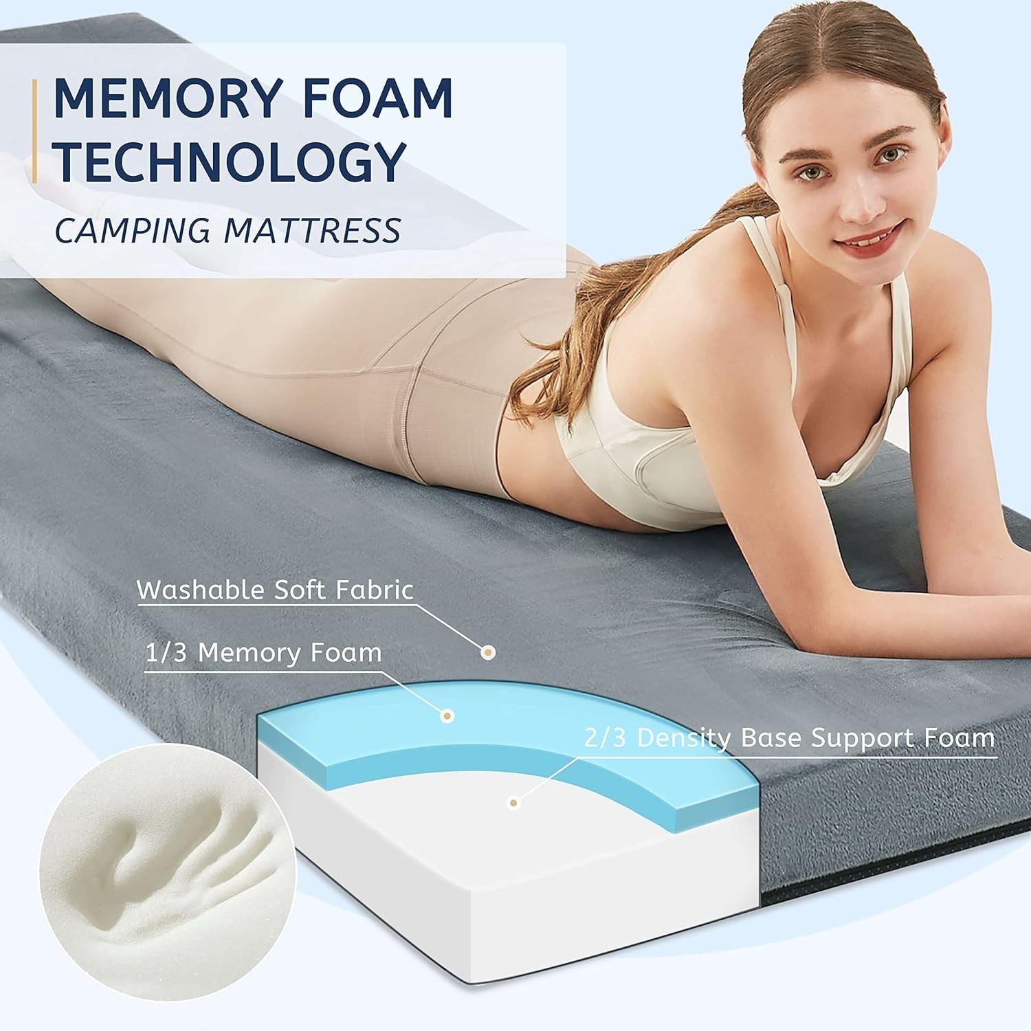 CertiPUR- Memory Foam Camping Mattress Pad Portable Roll Up Mattress for Adul...