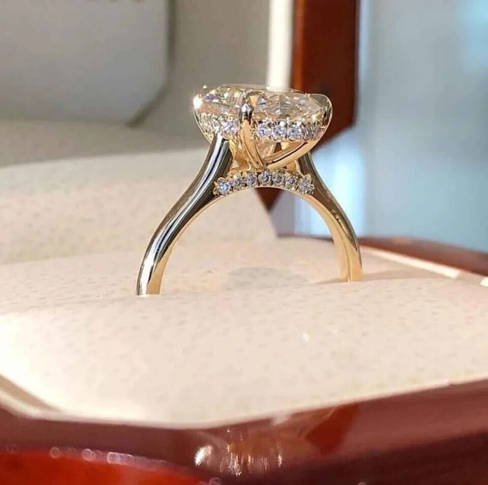 2 Ct Oval Cut Moissanite Hidden Halo Engagement Ring 14K Yellow Gold Plated