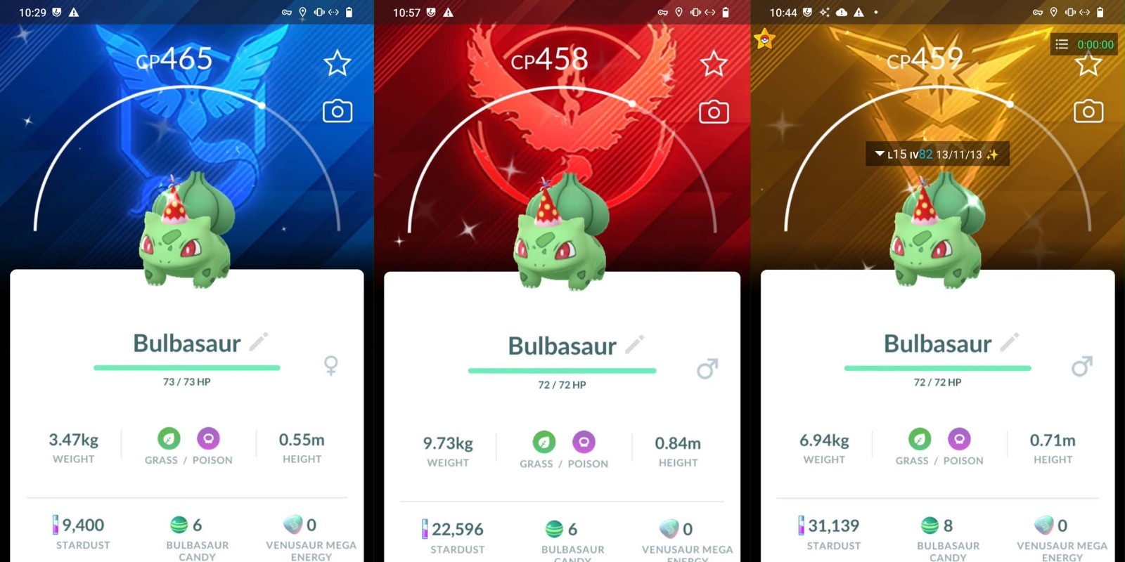 Pokémon Shiny Bulbasaur party hat team Instinct Mystic Valor background