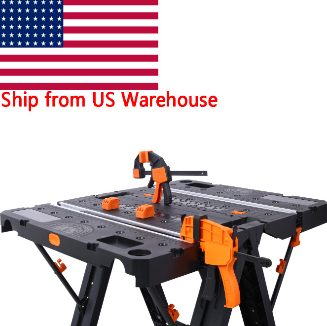 Portable Folding Work Table, 2-in-1 Sawhorse & Workbench, Equipped with 2 Clamps