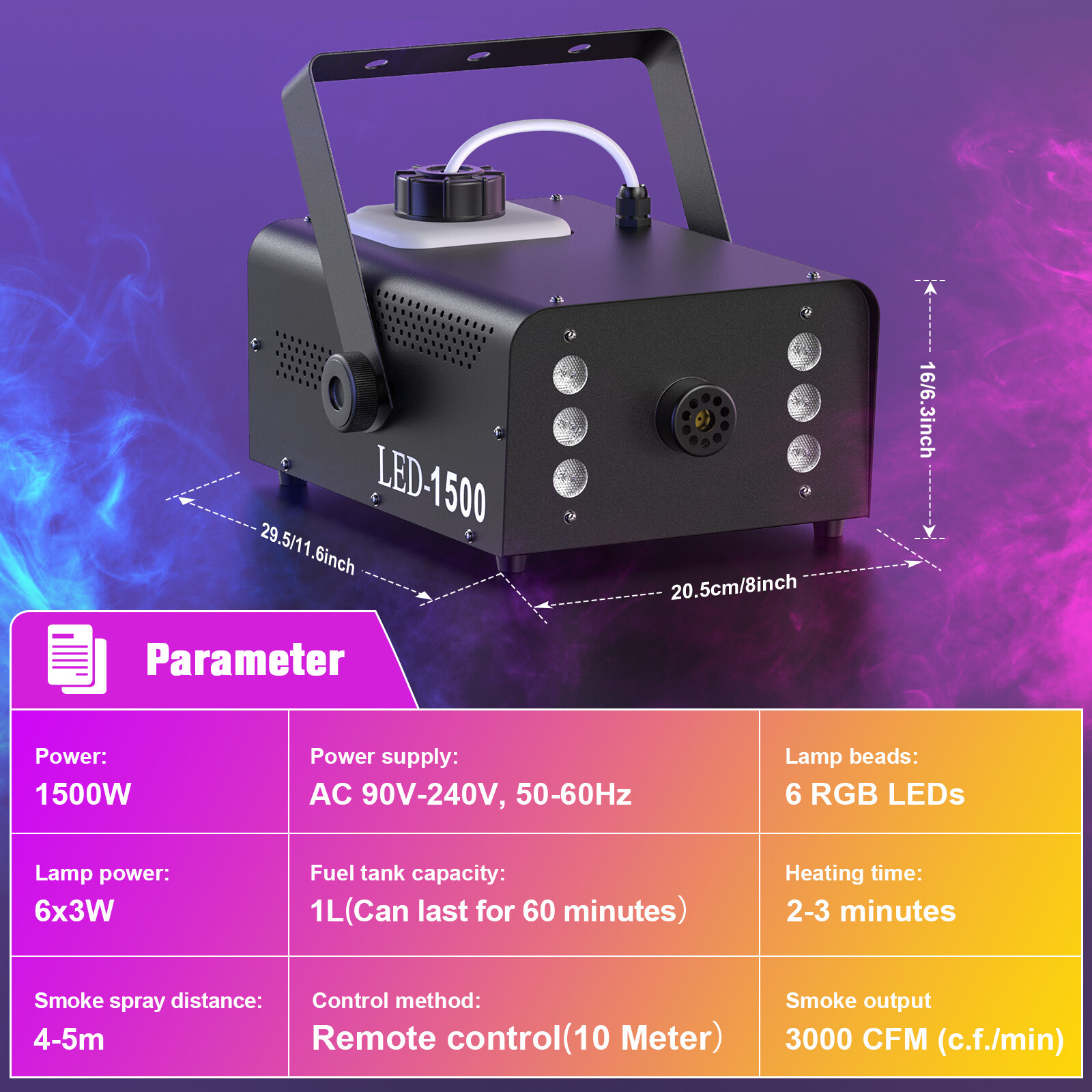 1500W Fog Smoke Machine RGB 6LED Stage DJ Fogger Smoke Effect Multi Color Remote