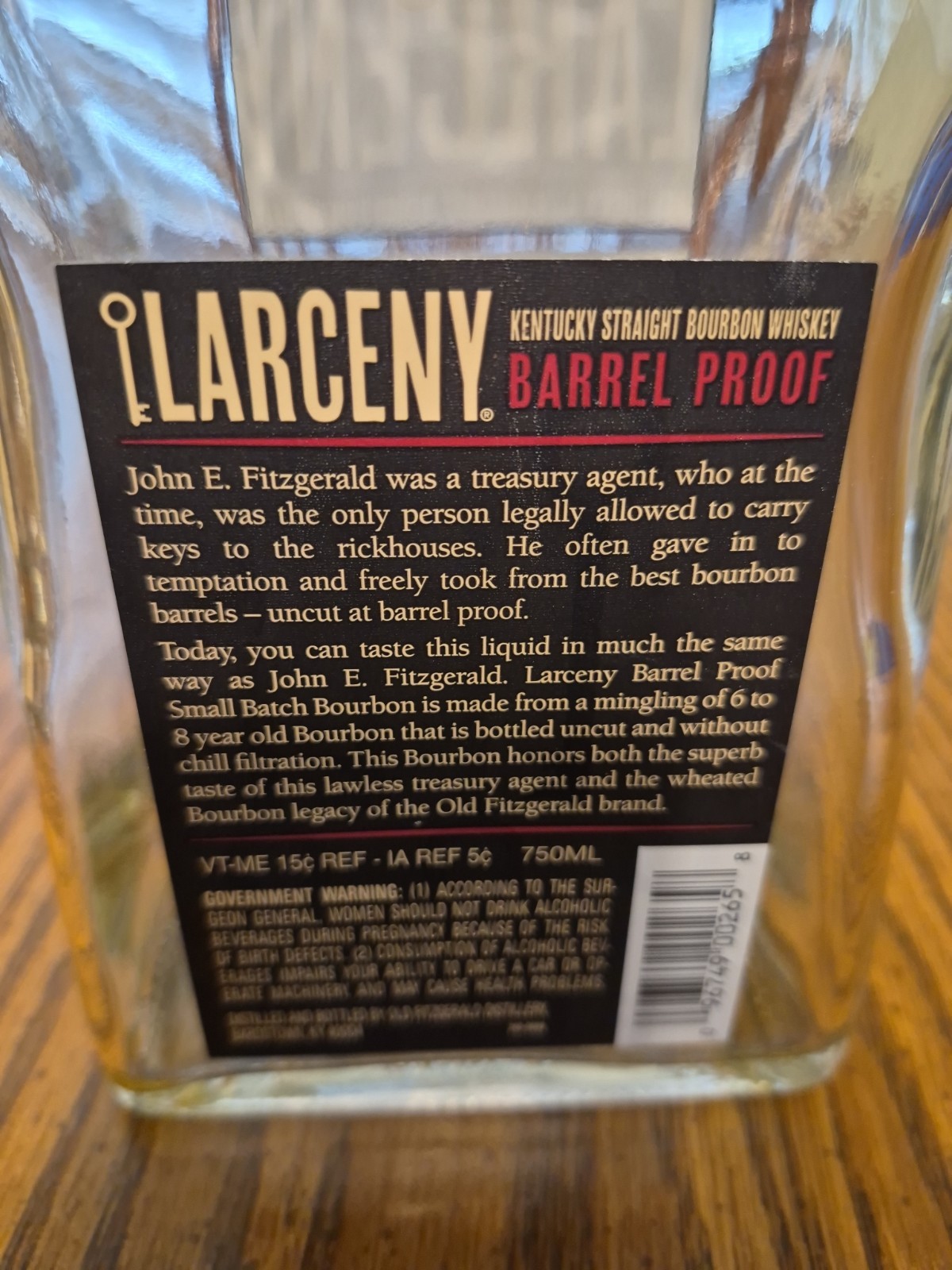 LARCENY - "BARREL PROOF" (EMPTY BOTTLE) 750ML.