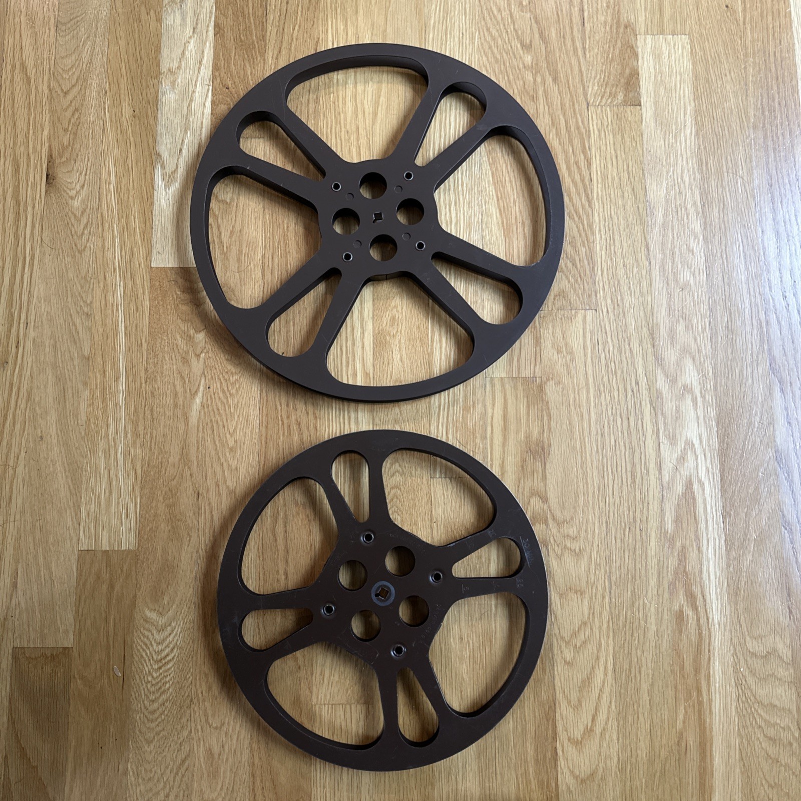 Metal Film Reel Goldberg Bros 12" + 15” Made in USA Brown 4 Holes Vtg (Set of 2)