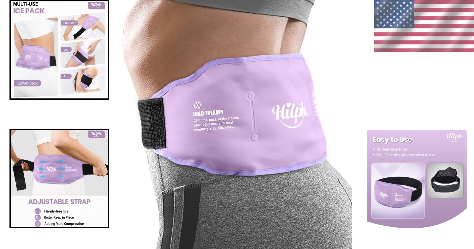 Adjustable Low Back Ice Pack Wrap for Pain Relief - Hot & Cold Therapy, Purple