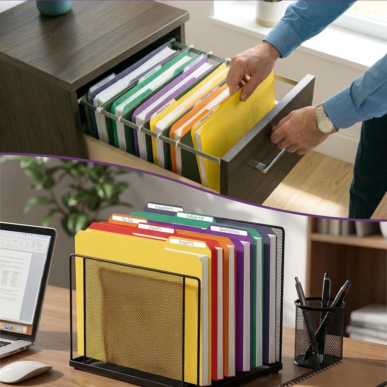 Plastic File Folders with Tabs, 6 Pack Colored Plastic Folders, 1/3 Cut Tabs