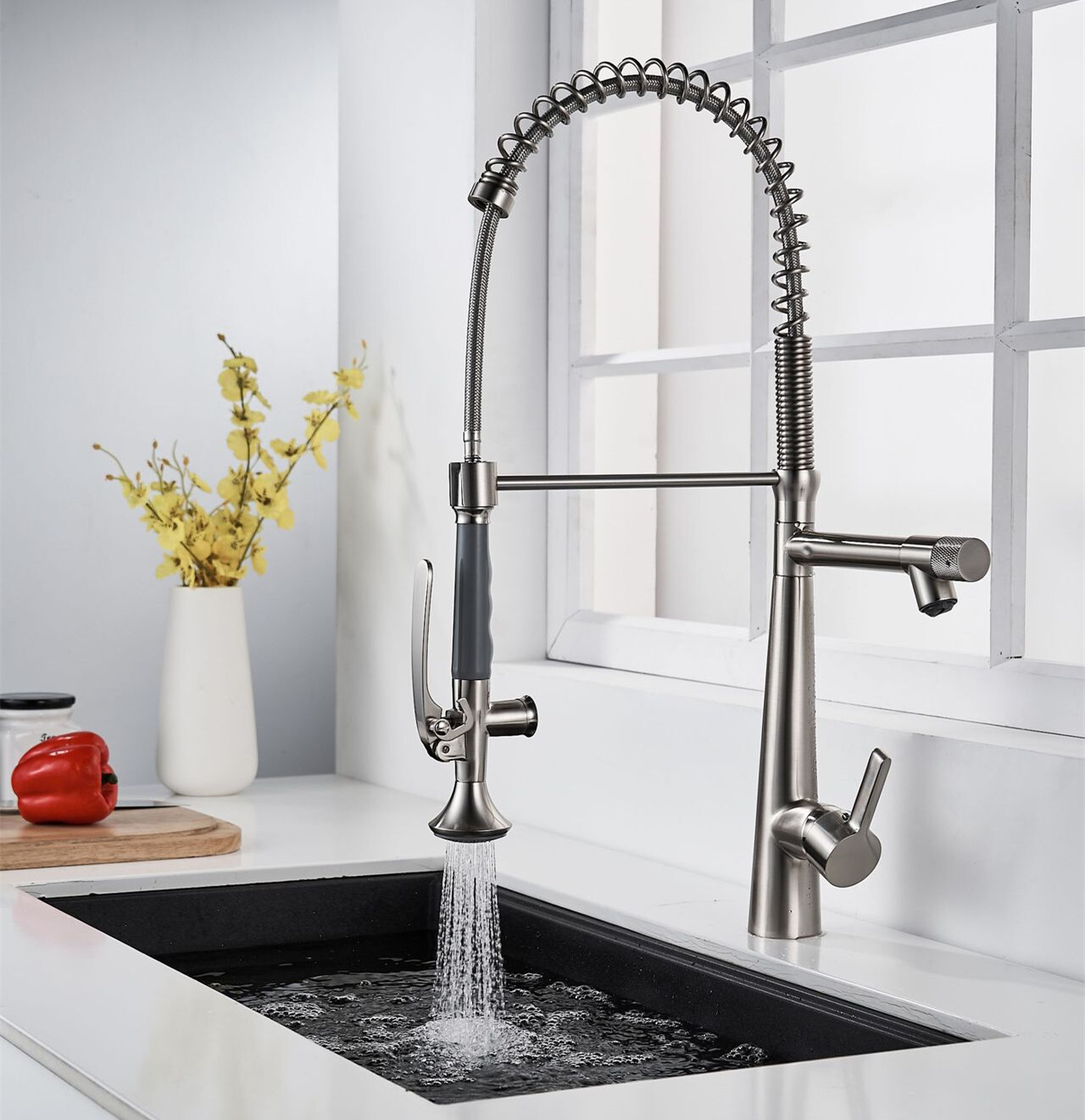 Brass Commercial Brushed Nickel Single Handle Spring Kitchen Faucet Pull Down