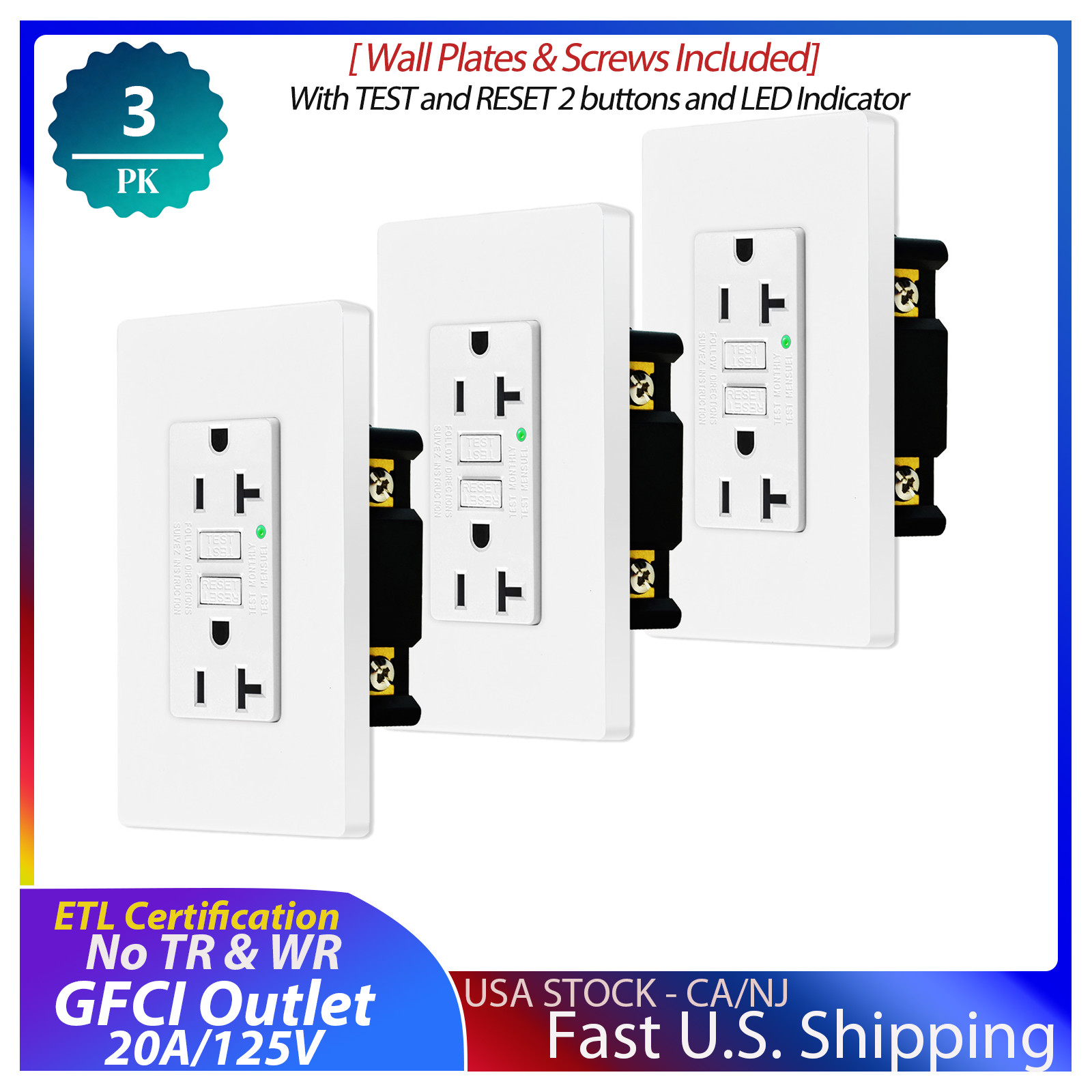 3 PK GFCI 20A Outlet Non-TR, Decor Receptacle with LED Indicator, ETL Certified