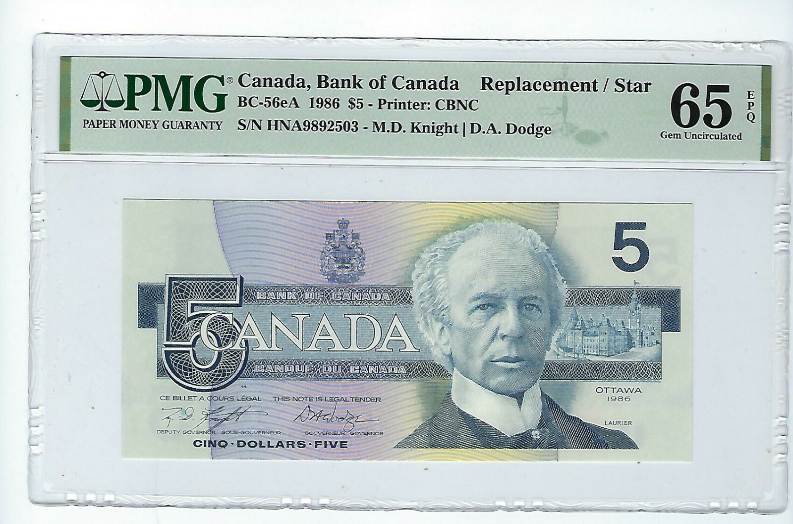 Bank of Canada 1986 $5 Note PMG 65 EPQ Prefix HNA- BC-56eA- Replacement
