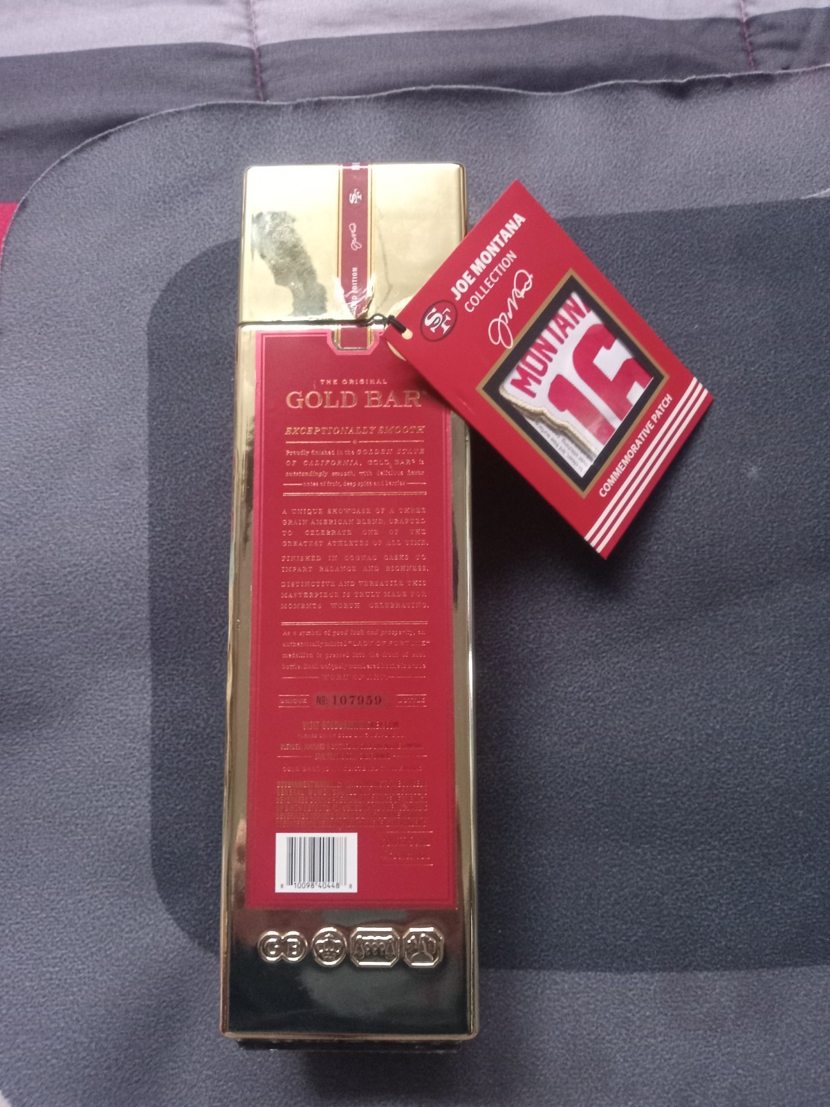Joe Montana 49ers Gold Bar Whiskey Limited Edition Empty Bottle with Patch