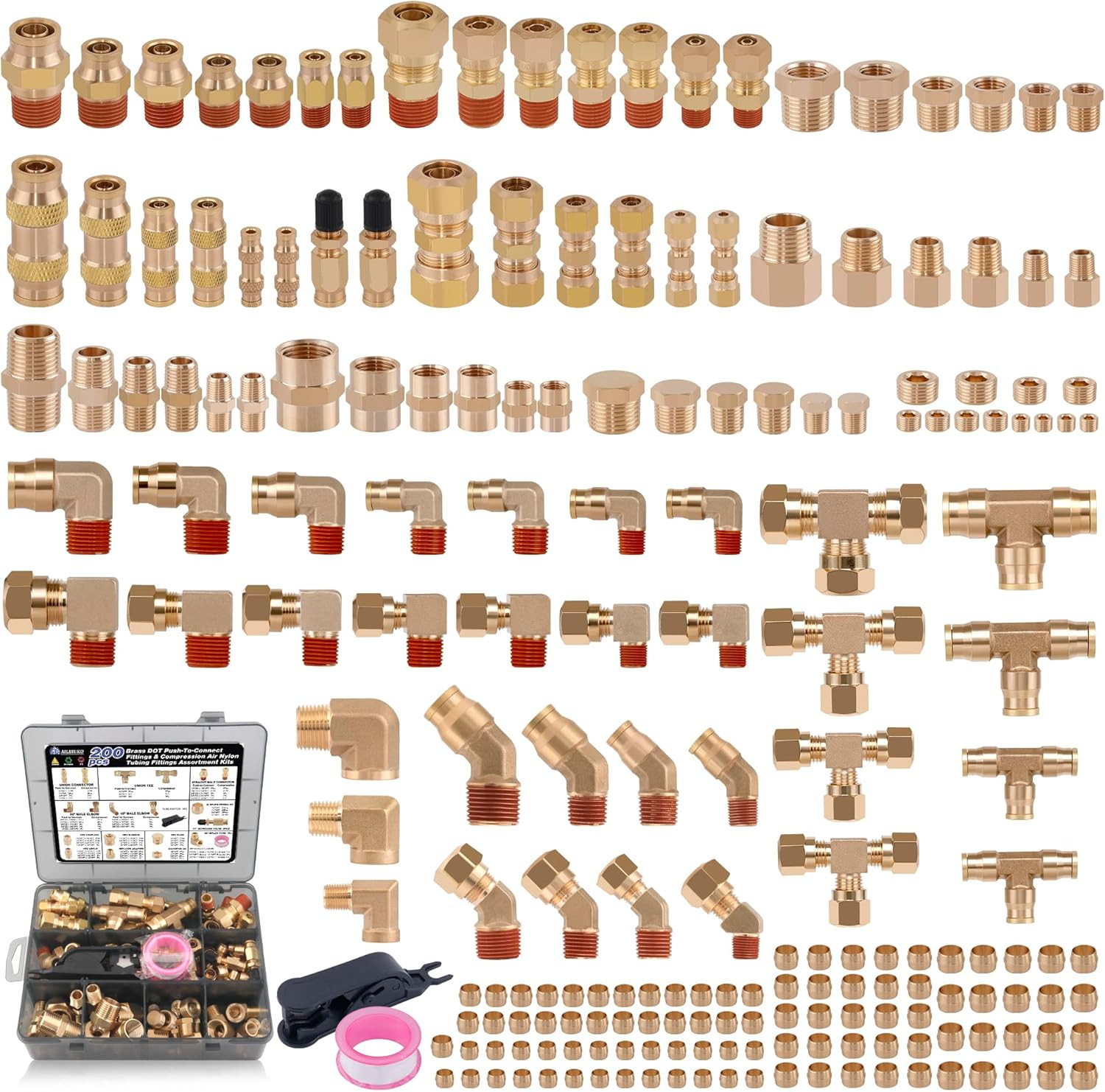 200 Pcs Brass DOT Air Brake Line Fittings & Air Nylon Tube Compression Fittings