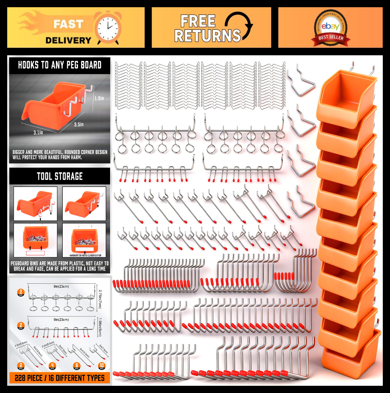 238 PCS Heavy Duty Pegboard Hooks Kit - 16 Types with Bins for Garage & Tool Sto
