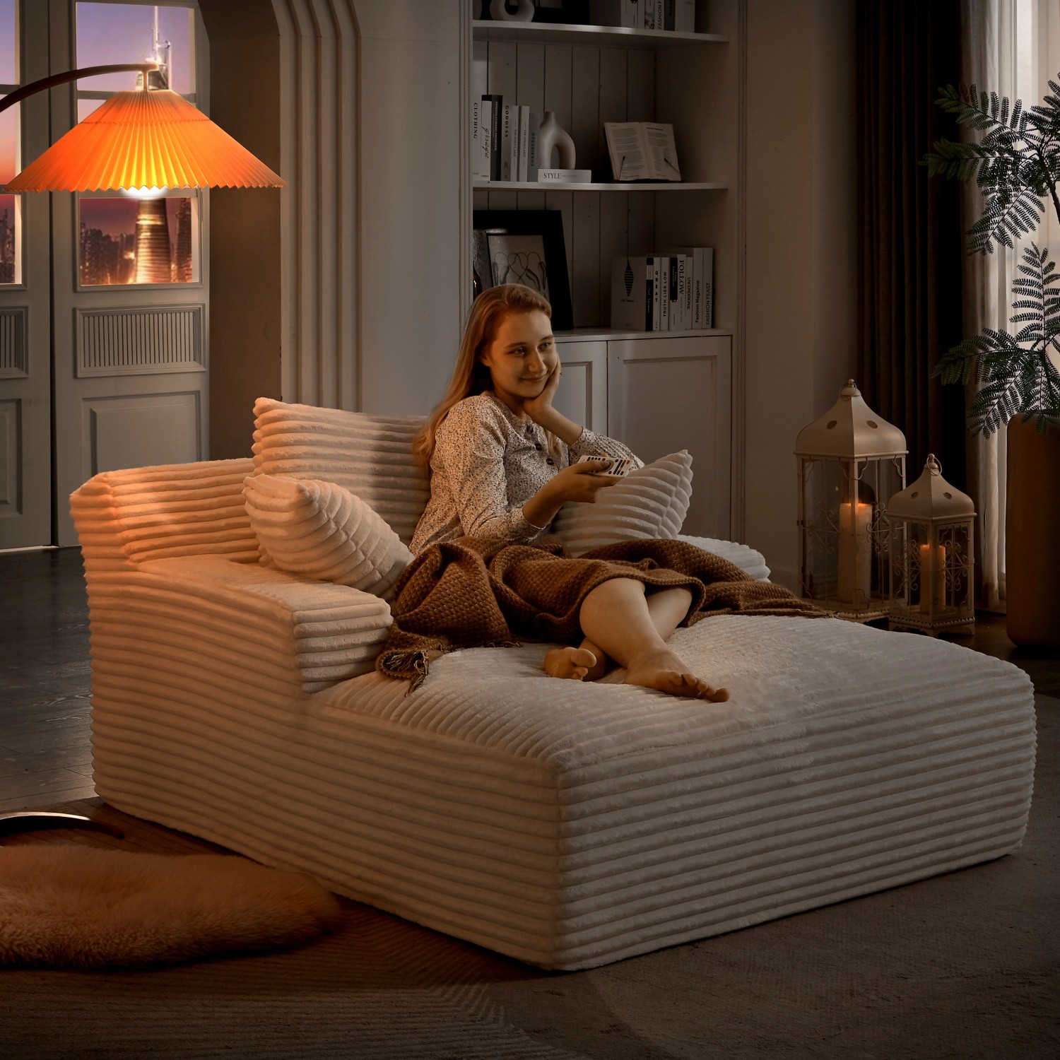 Oversized Chaise Lounge Chair Corduroy Upholstered Low Floor Chair No-Assembly