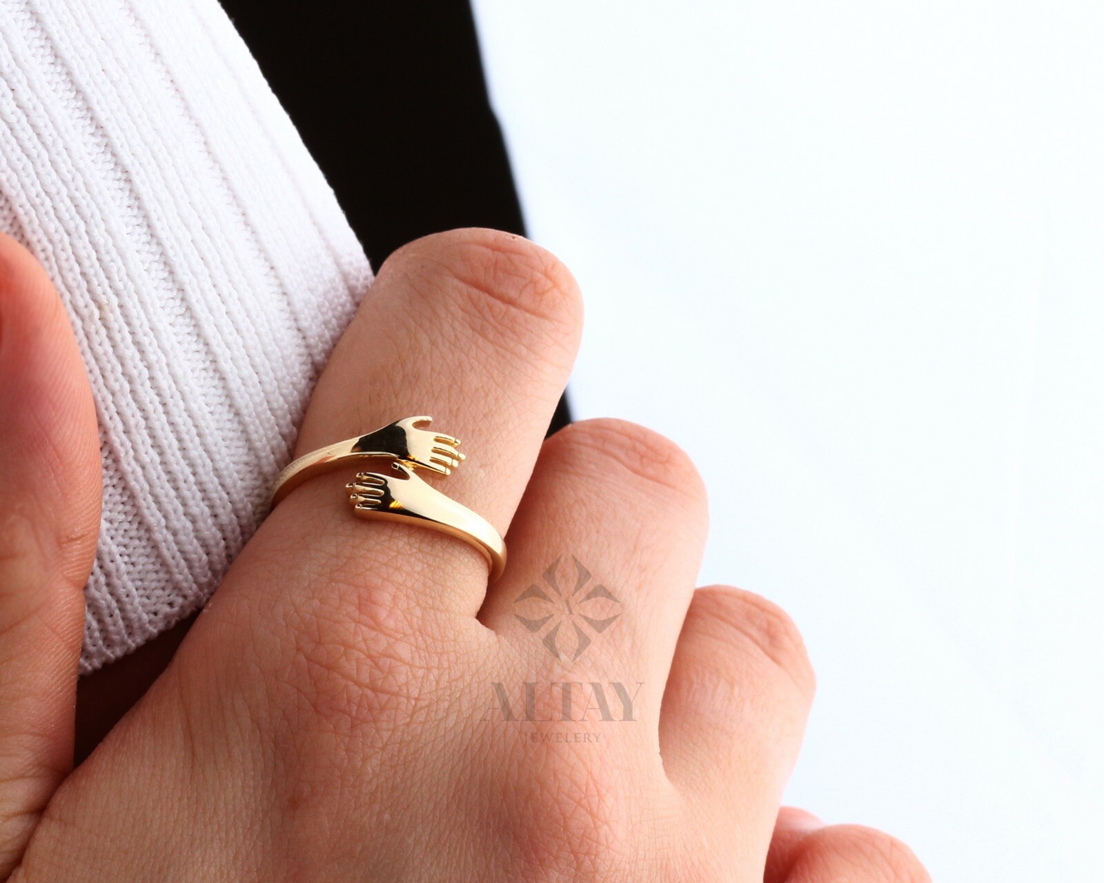 14K Gold Hug Ring, Unique Love Hugging Hands Ring, Hug Gold Ring, Dainty Hand