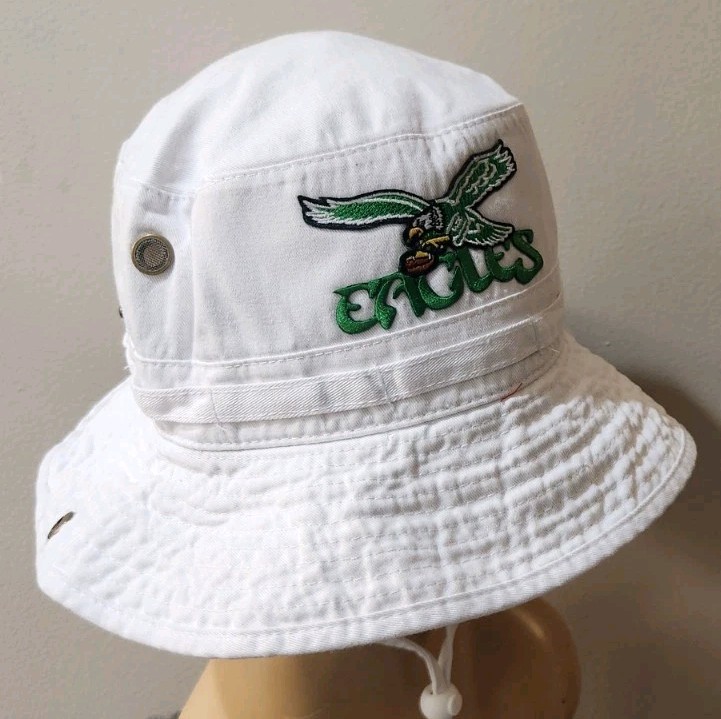 Philadelphia Eagles Throwback White Boonie Hat Side Snaps Up & Chin Strap