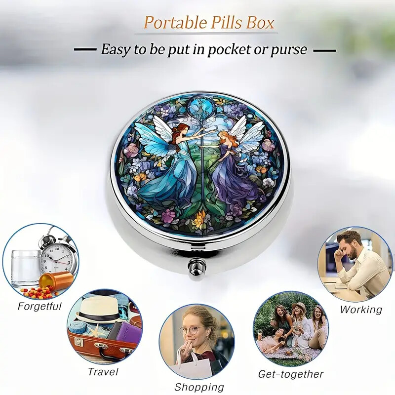 Mini Decorative Metal Round Pill Box, 3 Compartment Mini Decorative Pocket Size
