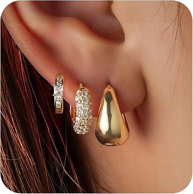14k Gold Hoop Earrings Set For Women, dainty non tarnish waterproof earrings-3pc