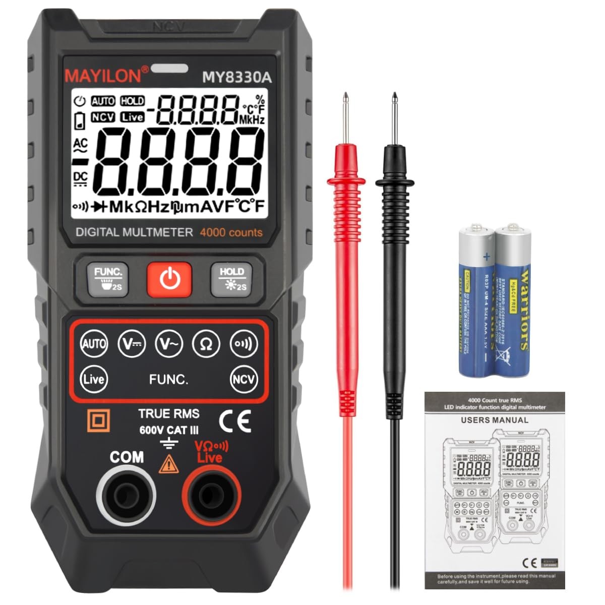 Digital Multimeter TRMS 4000 Counts DC AC Voltage MY8300A, black