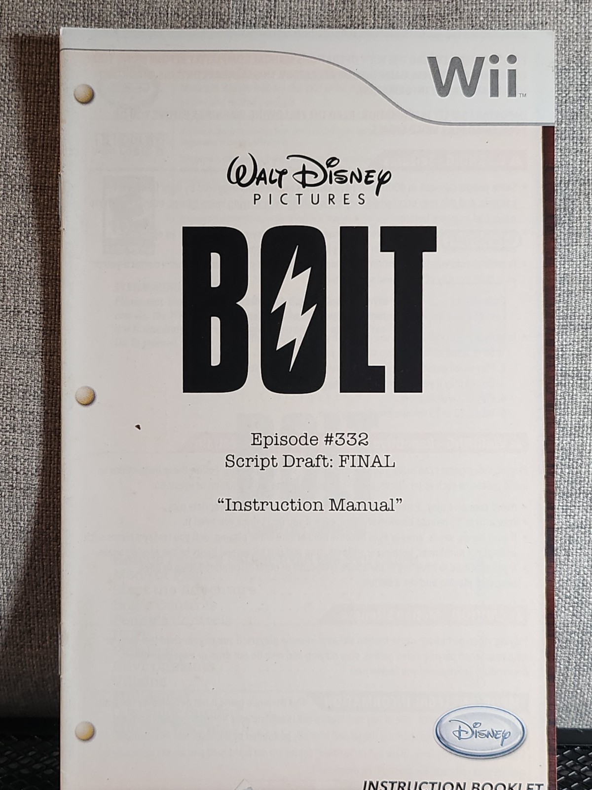 Disney's BOLT Instruction Manual Only - Nintendo Wii