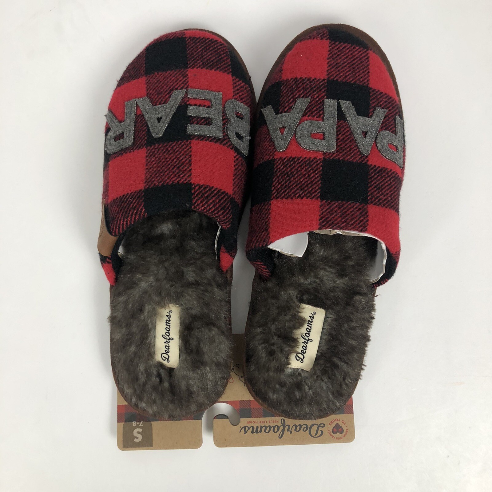 DEARFORMS Men’s Slippers Size Small (7-8) Red Plaid “PAPA BEAR” Memory Foam