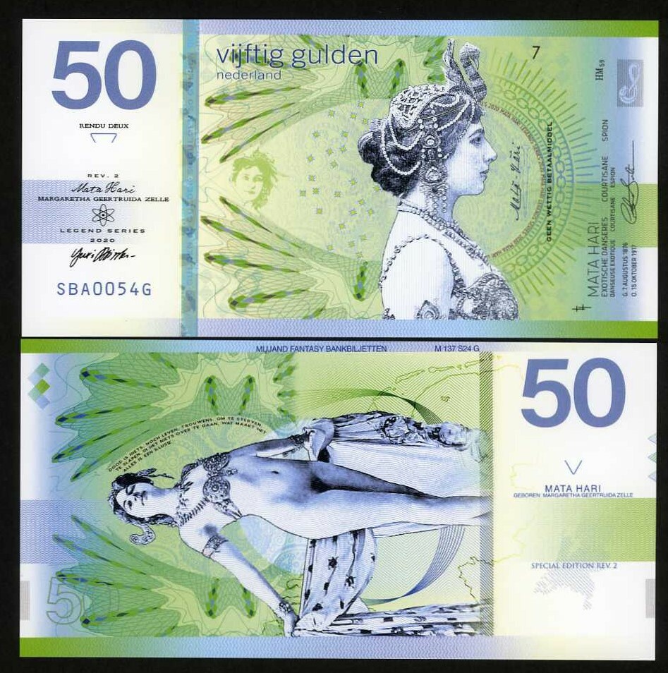 Netherlands, 50 Gulden, Private Issue Polymer, 2020 Mata Hari, Type 2 F
