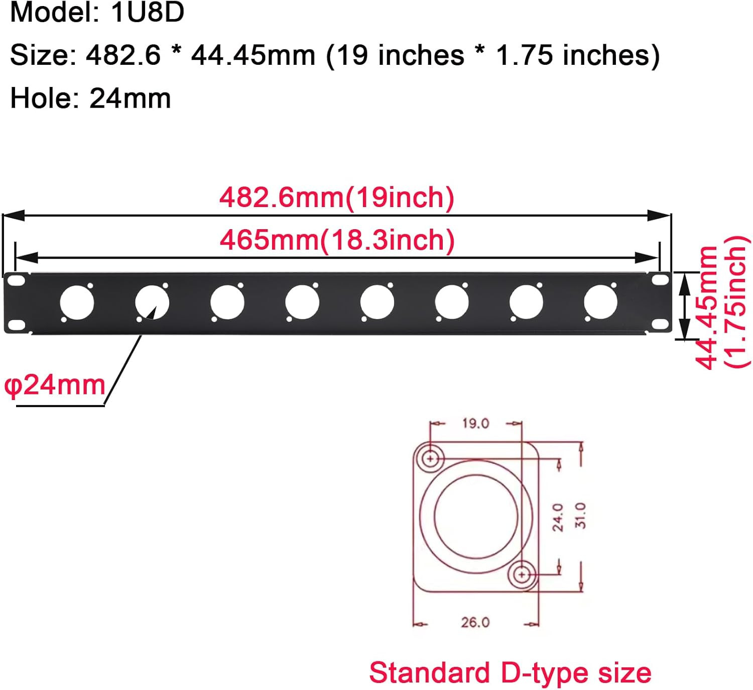 1U8D XLR HDMI Audio Rack Mount Panel for 19" Studio Equipment Enclosure