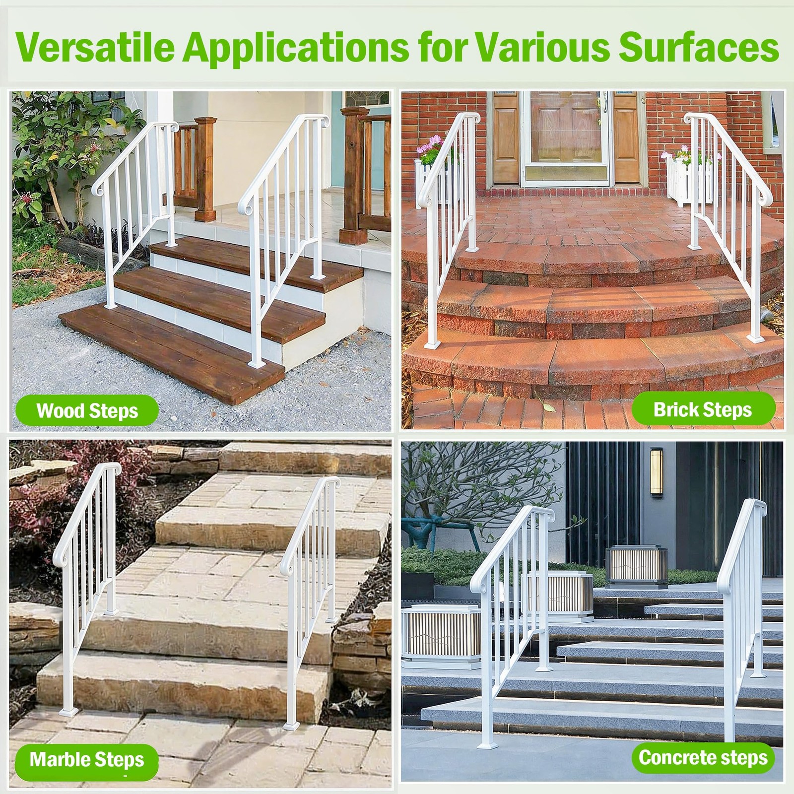 ANTSKU 3 Step Handrails for Outdoor Steps, Wrought Iron Stair 3 - Step, White