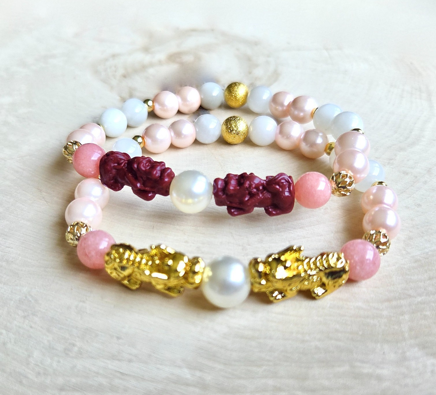 Pixiu Dragon Bracelet, Moonstone Pink Pearl Jade Cinnabar, Fertility, Feng Shui