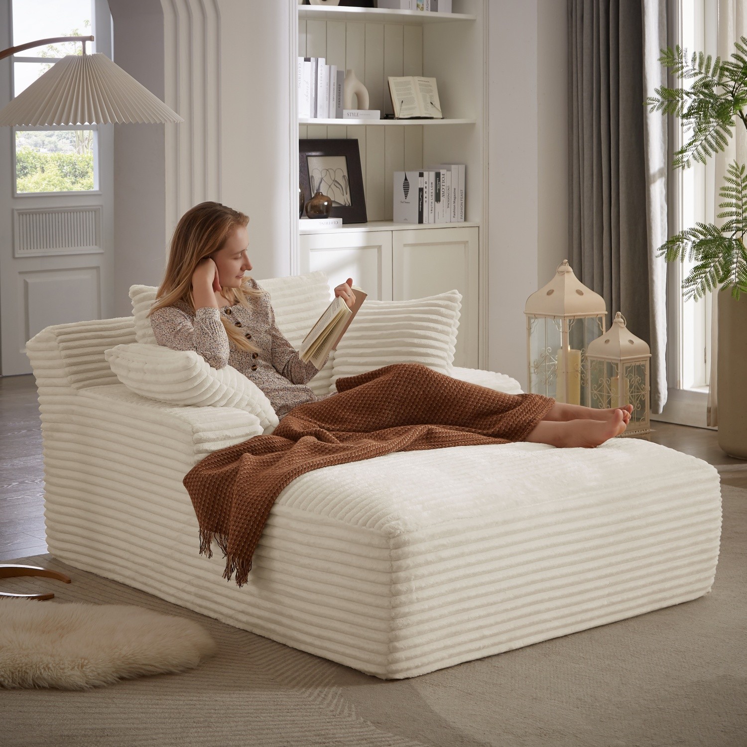 Oversized Chaise Lounge Chair Corduroy Upholstered Low Floor Chair No-Assembly
